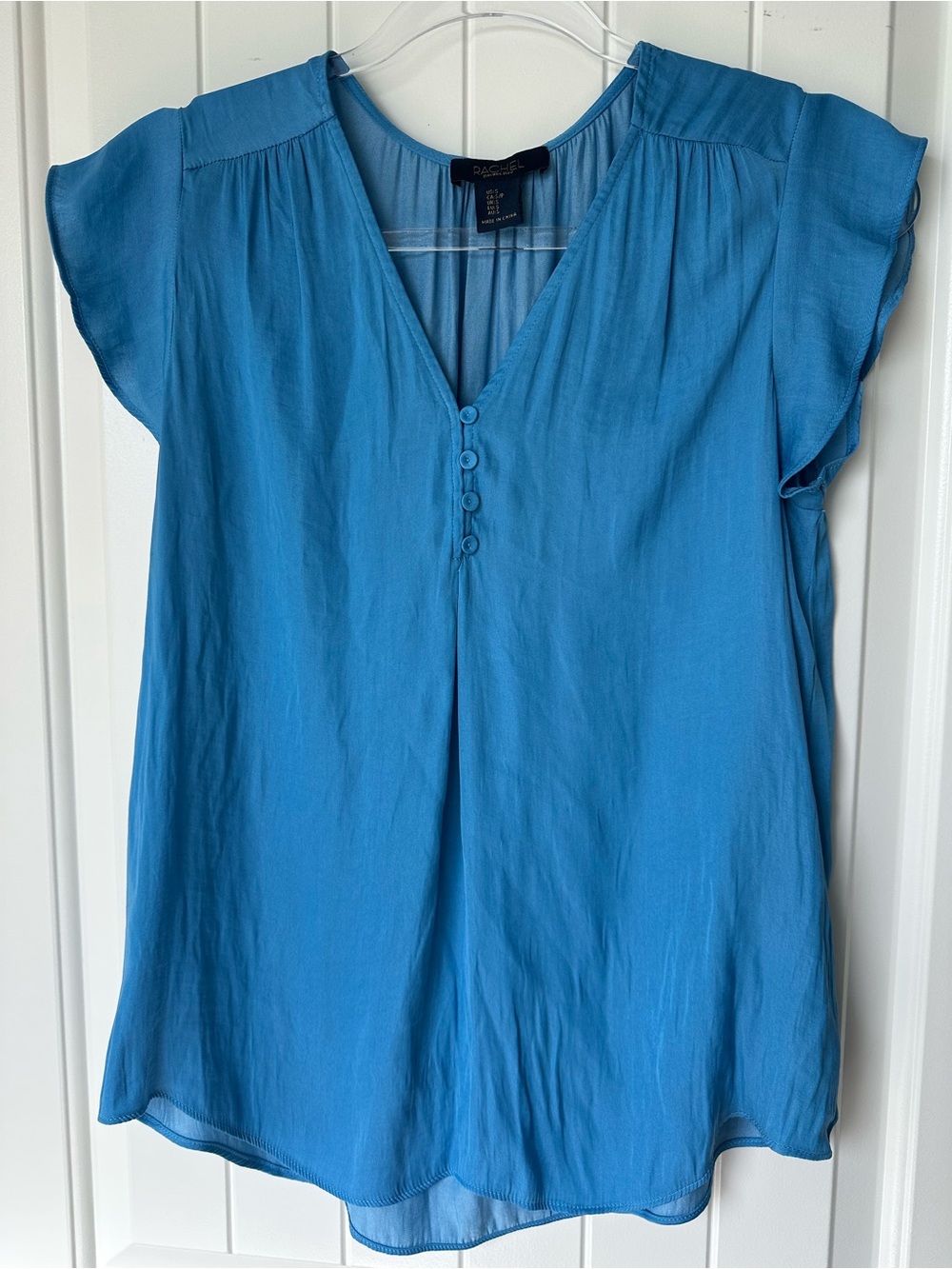 RACHEL Rachel Roy Blue Short Sleeve V-Neck Button-Front Blouse